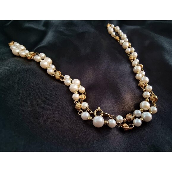 Vintage TRIFARI 1990s Faux Pearl Gold Tone Filigree Link Long Strand Necklace - Picture 2 of 5